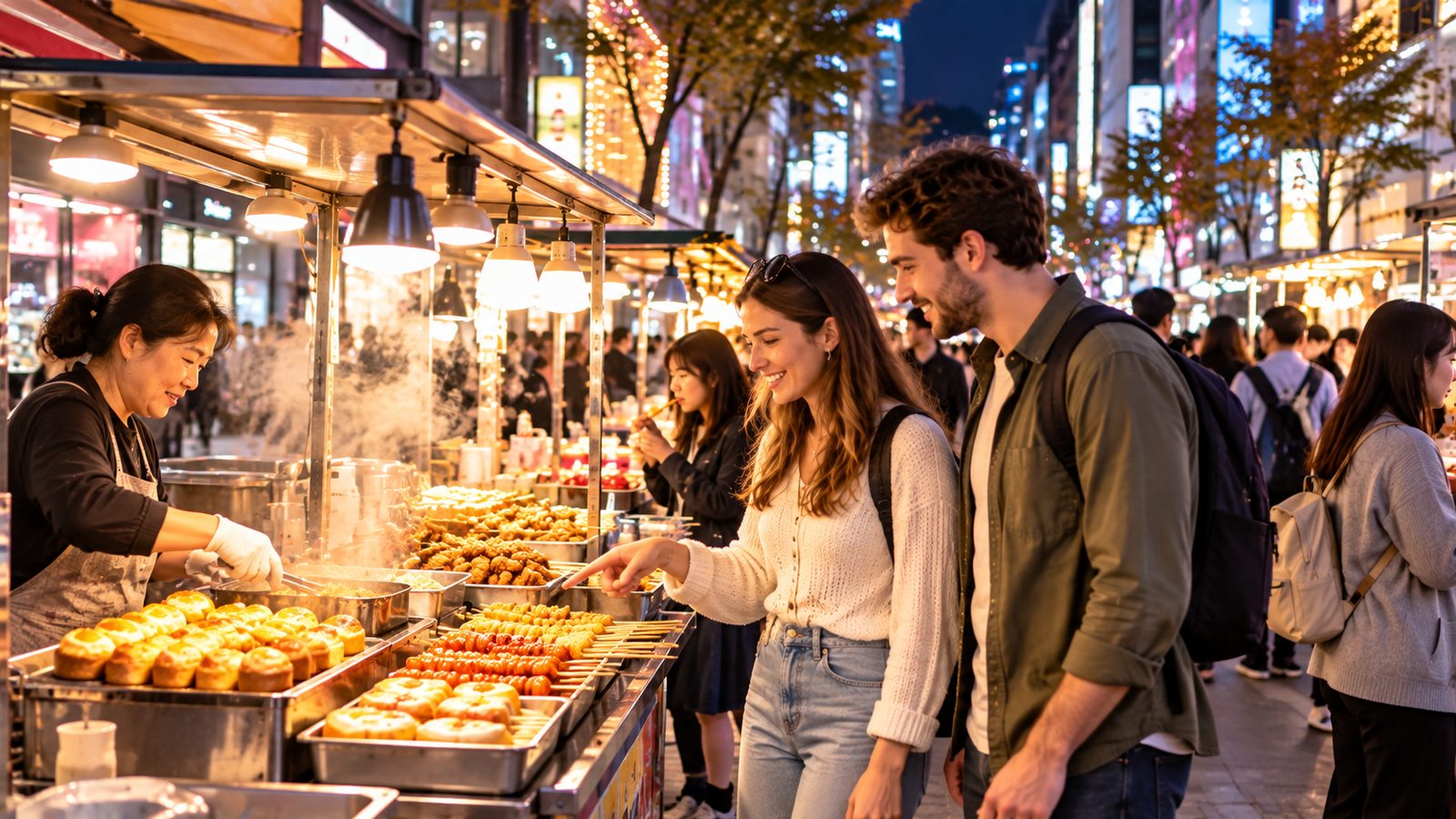 Travelers browsing street food stalls in Myeongdong Seoul in the evening
