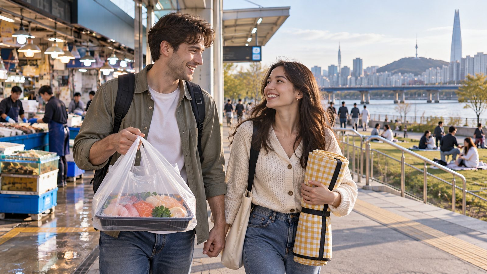 Travelers carrying packaged sashimi from a Seoul fish market toward a Han River picnic