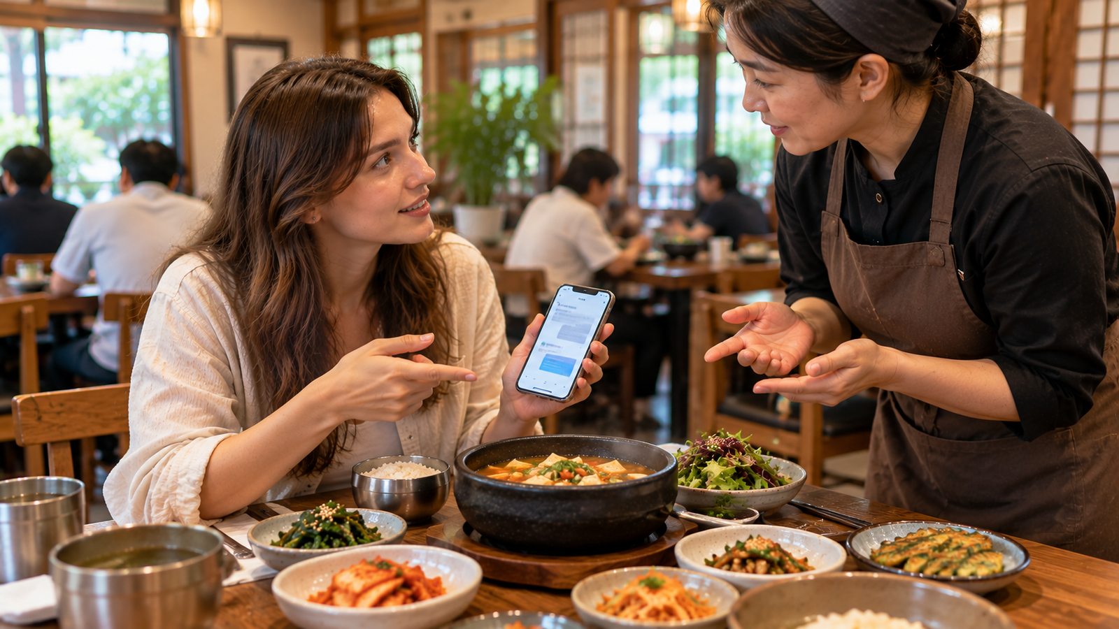 International traveler asking Korean restaurant staff about vegetarian ingredients