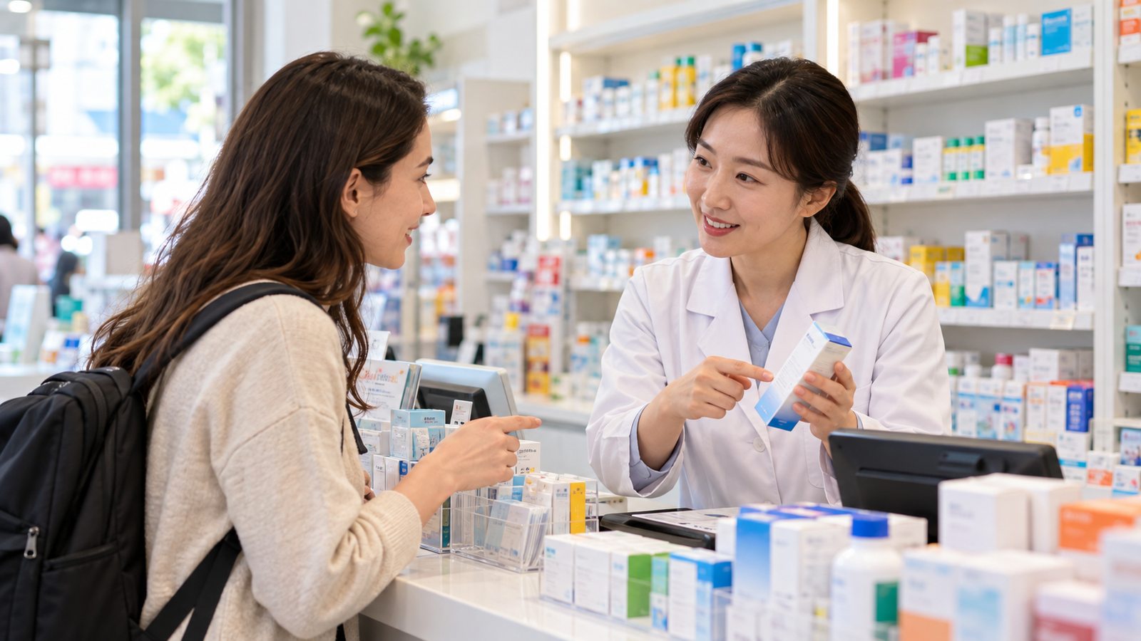 International traveler speaking with a pharmacist at a pharmacy in South Korea