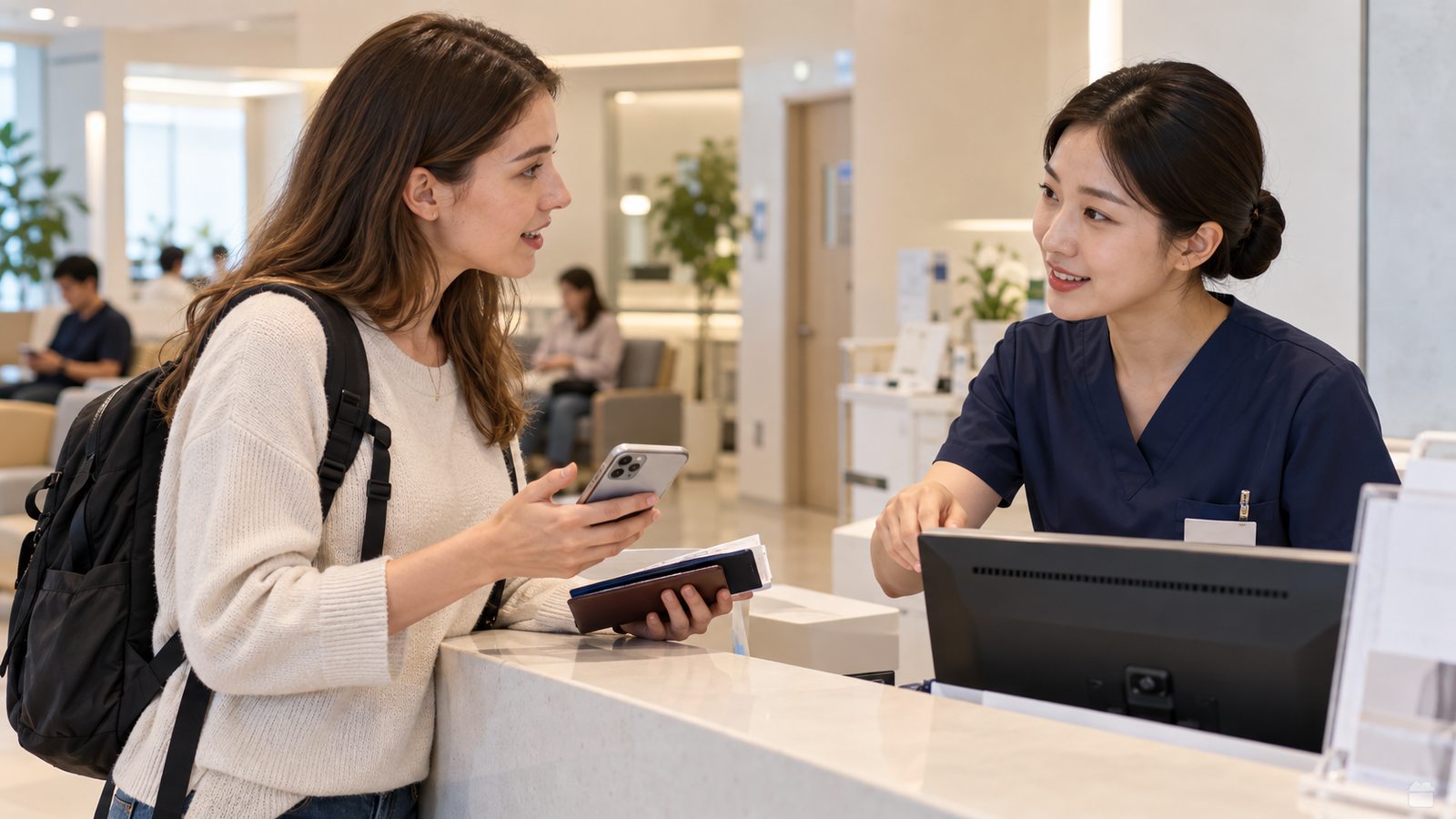 International traveler speaking with medical staff at a clinic in South Korea