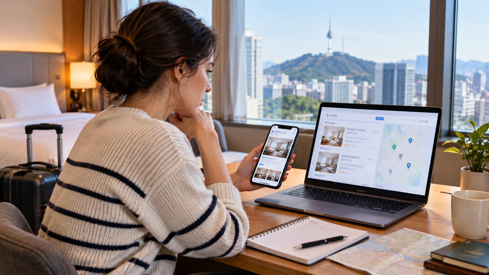 Traveler checking accommodation registration information before booking in Seoul