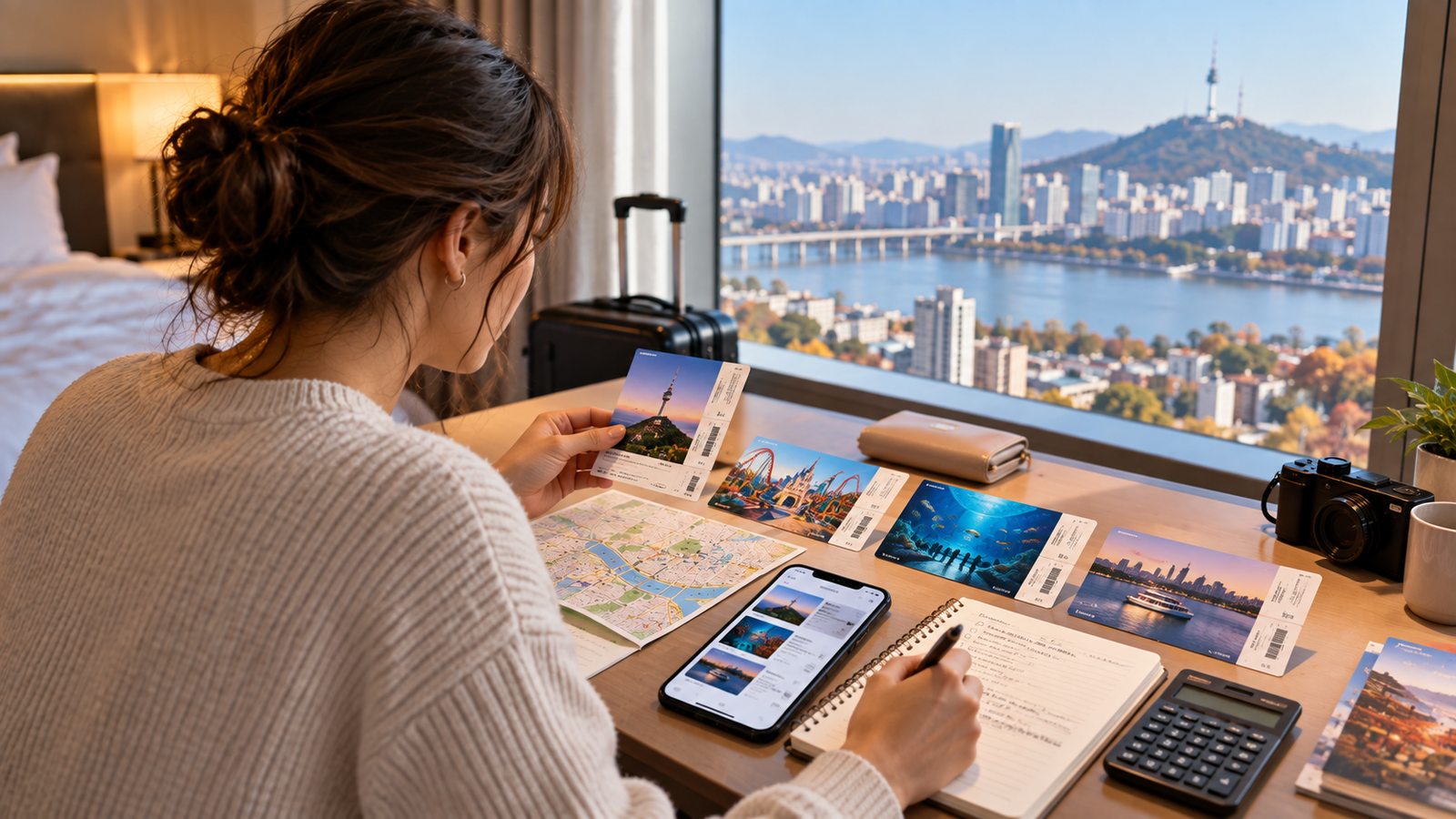 International traveler comparing the cost of several Seoul attractions for a sightseeing pass