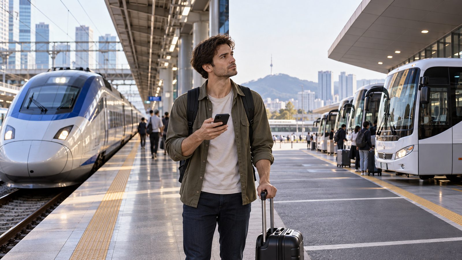 Traveler comparing KTX and express bus options for a trip from Seoul to Busan