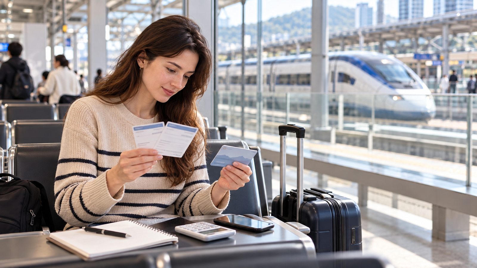 Traveler comparing individual train ticket costs for a Seoul to Busan trip