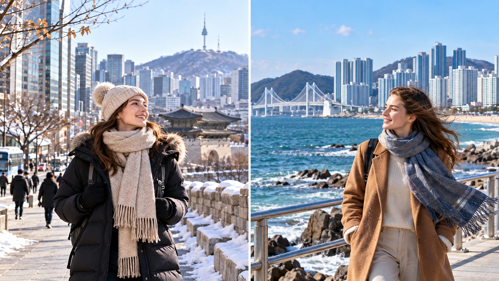 Winter travel scenes representing colder Seoul and milder coastal Busan