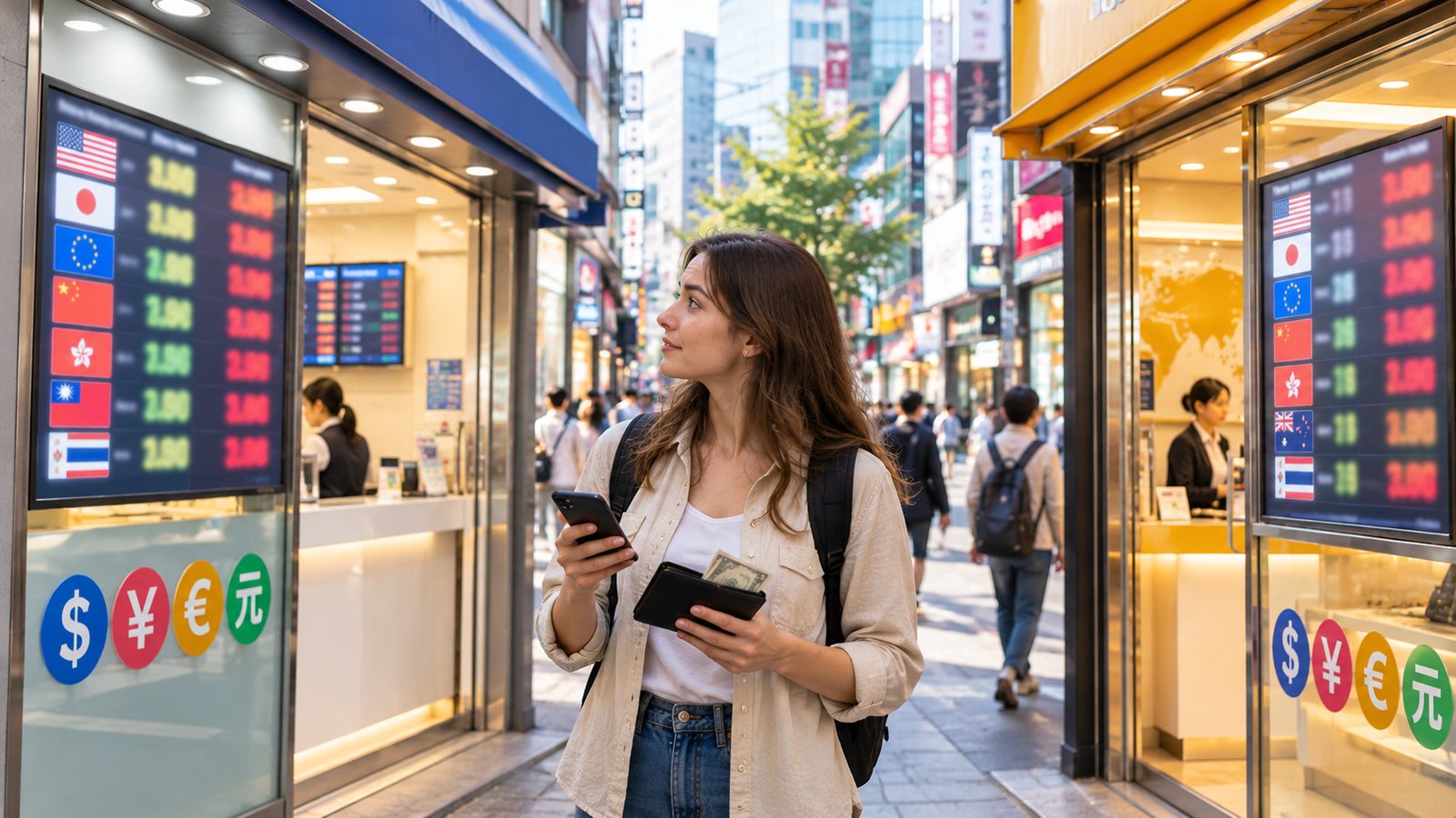 International traveler comparing currency exchange options in central Seoul