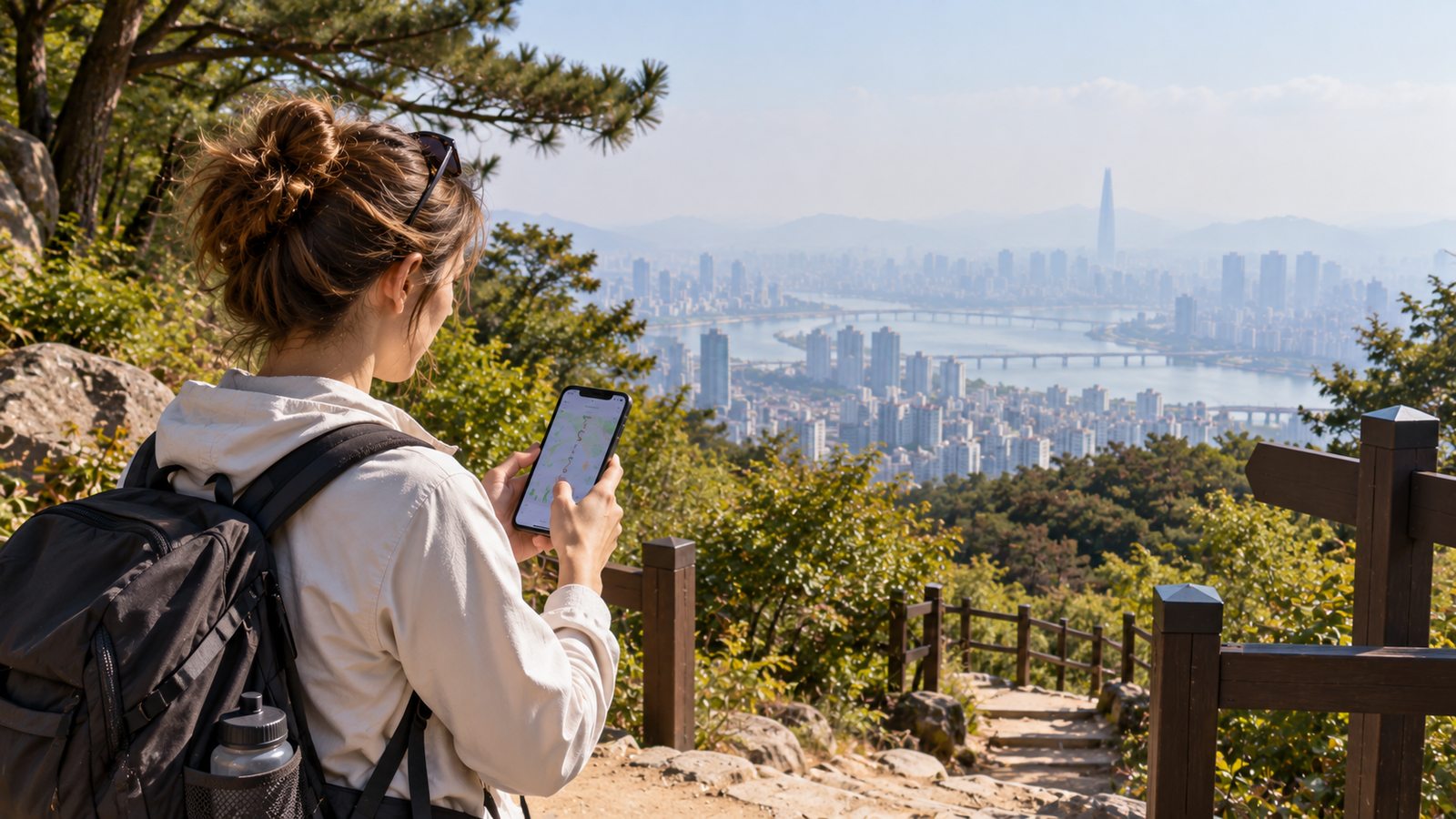 Traveler checking air quality before hiking in Seoul