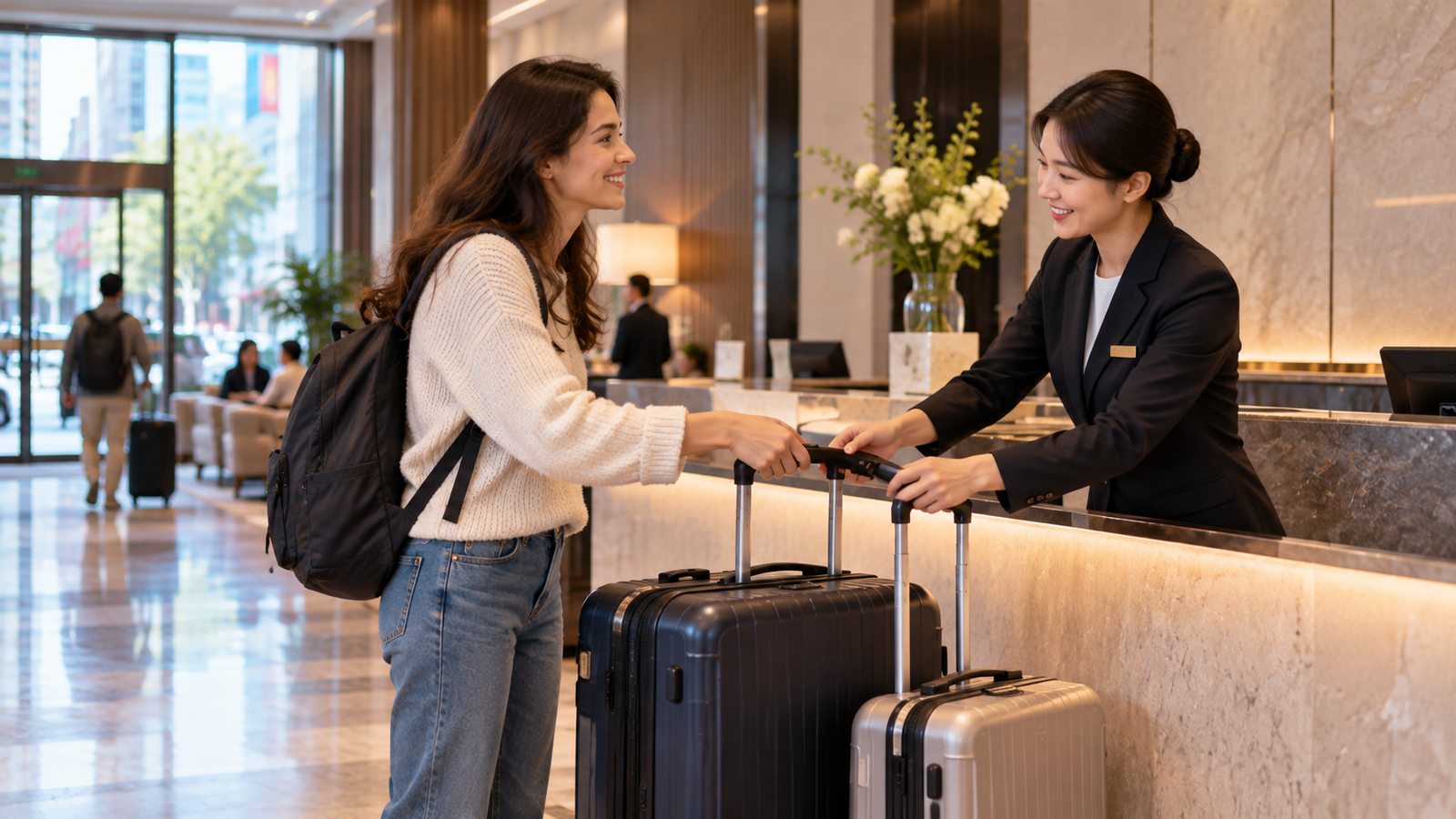 International traveler leaving luggage at a Seoul hotel front desk
