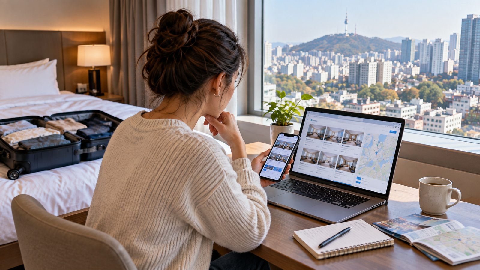 International traveler comparing hotel costs for a trip to Seoul