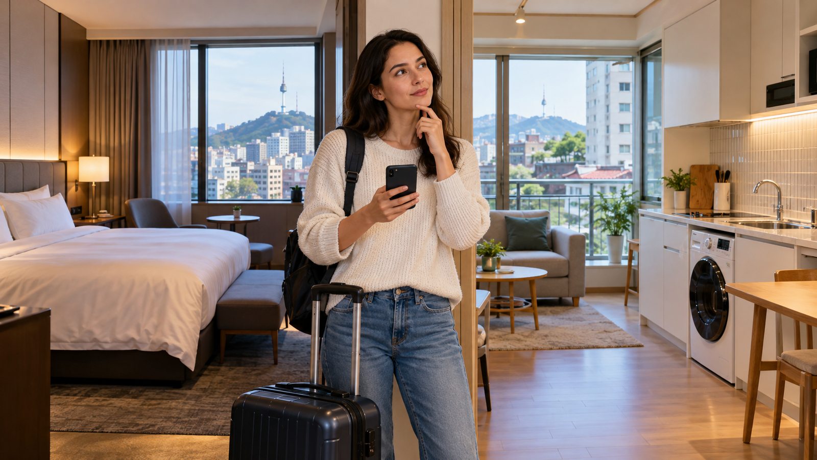 Traveler comparing a Seoul hotel and private accommodation before booking