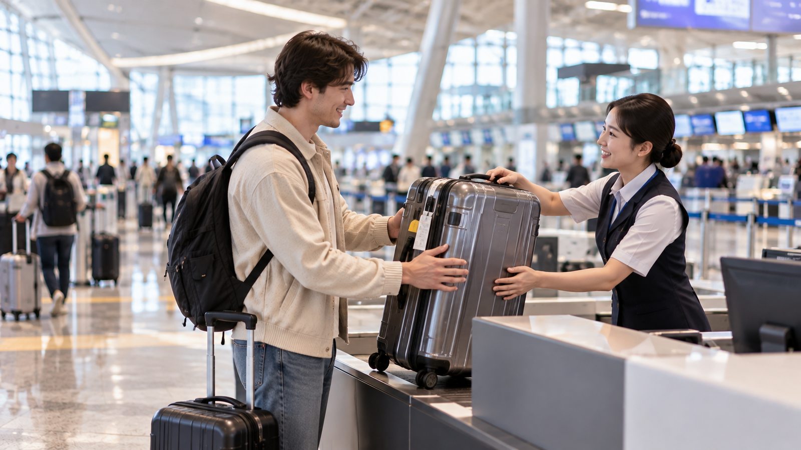 Traveler collecting delivered luggage at Incheon Airport before a flight