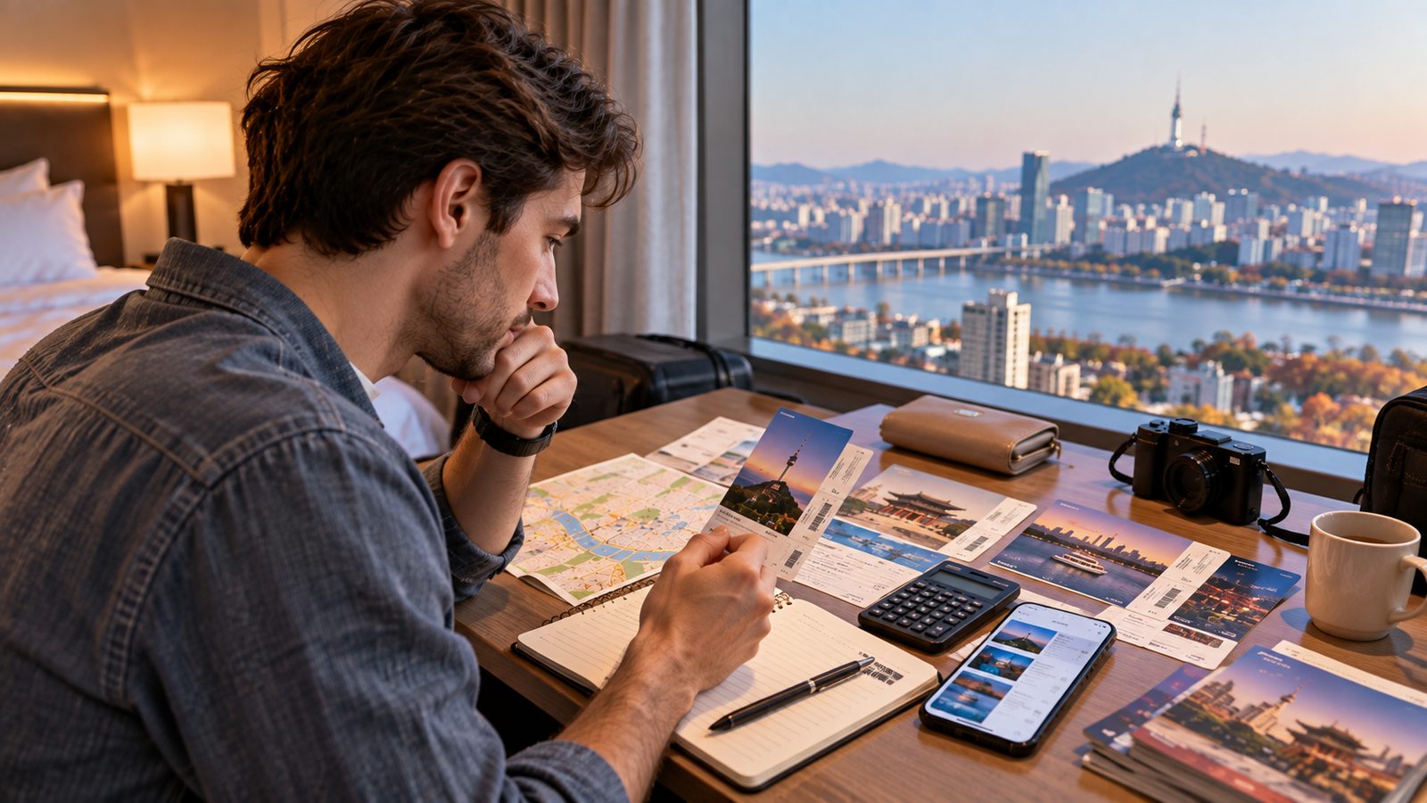 Traveler reviewing attraction prices and deciding whether a Seoul sightseeing pass is worth buying