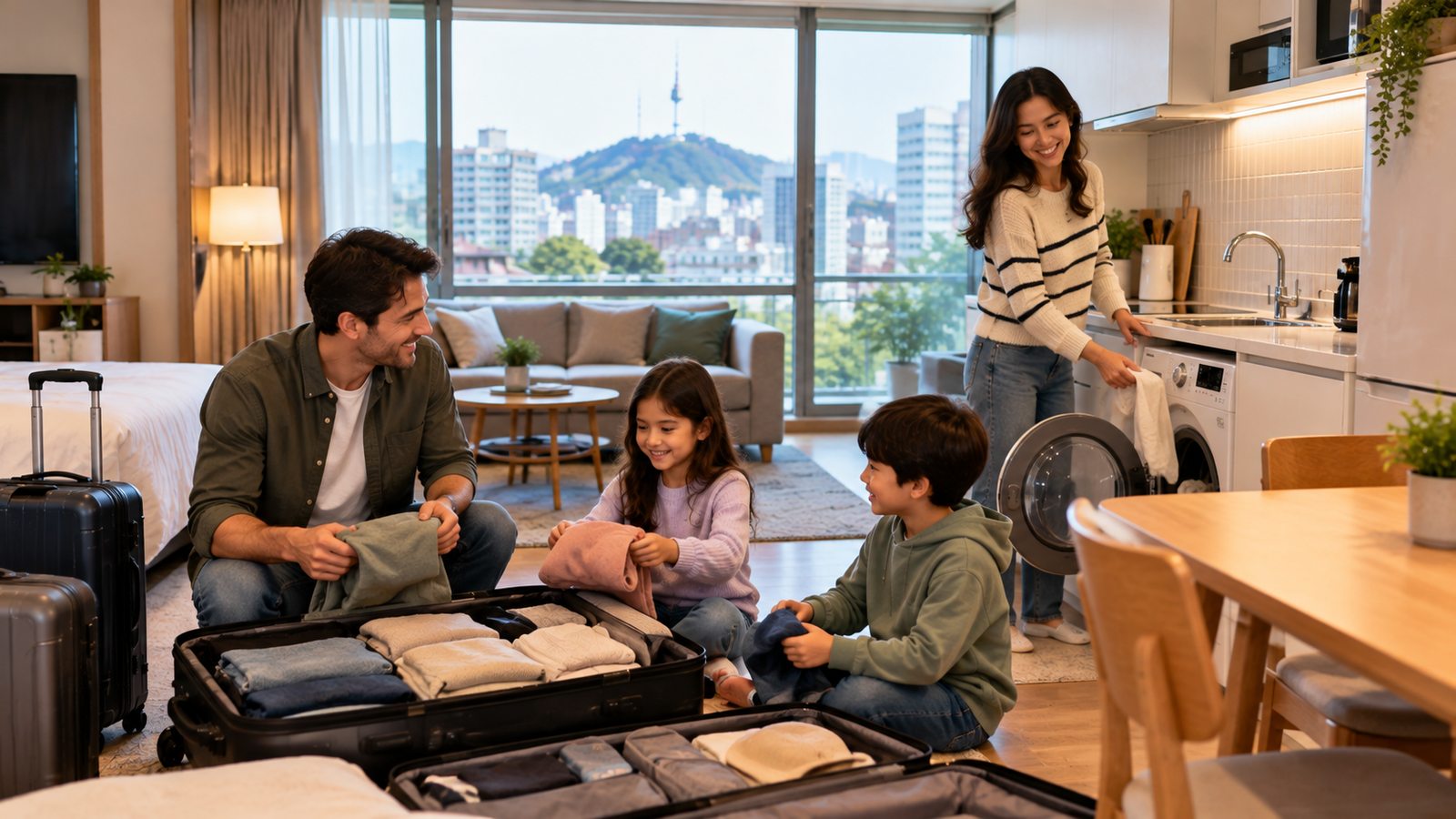 Family using a kitchen and washing machine in a Seoul private accommodation