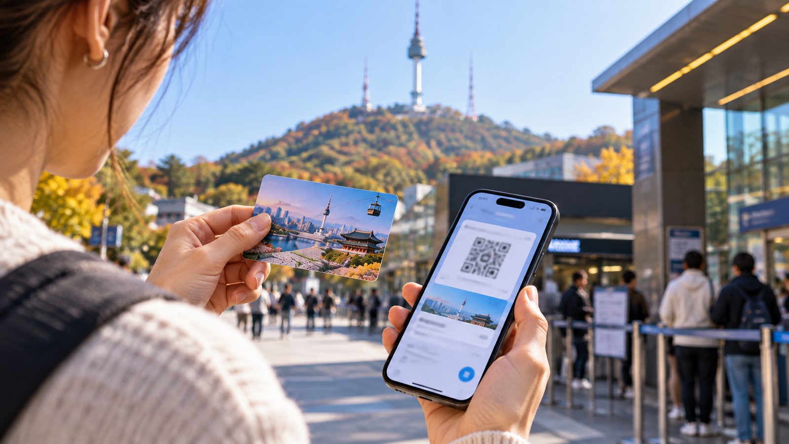 Traveler comparing a physical Seoul sightseeing card with a mobile pass