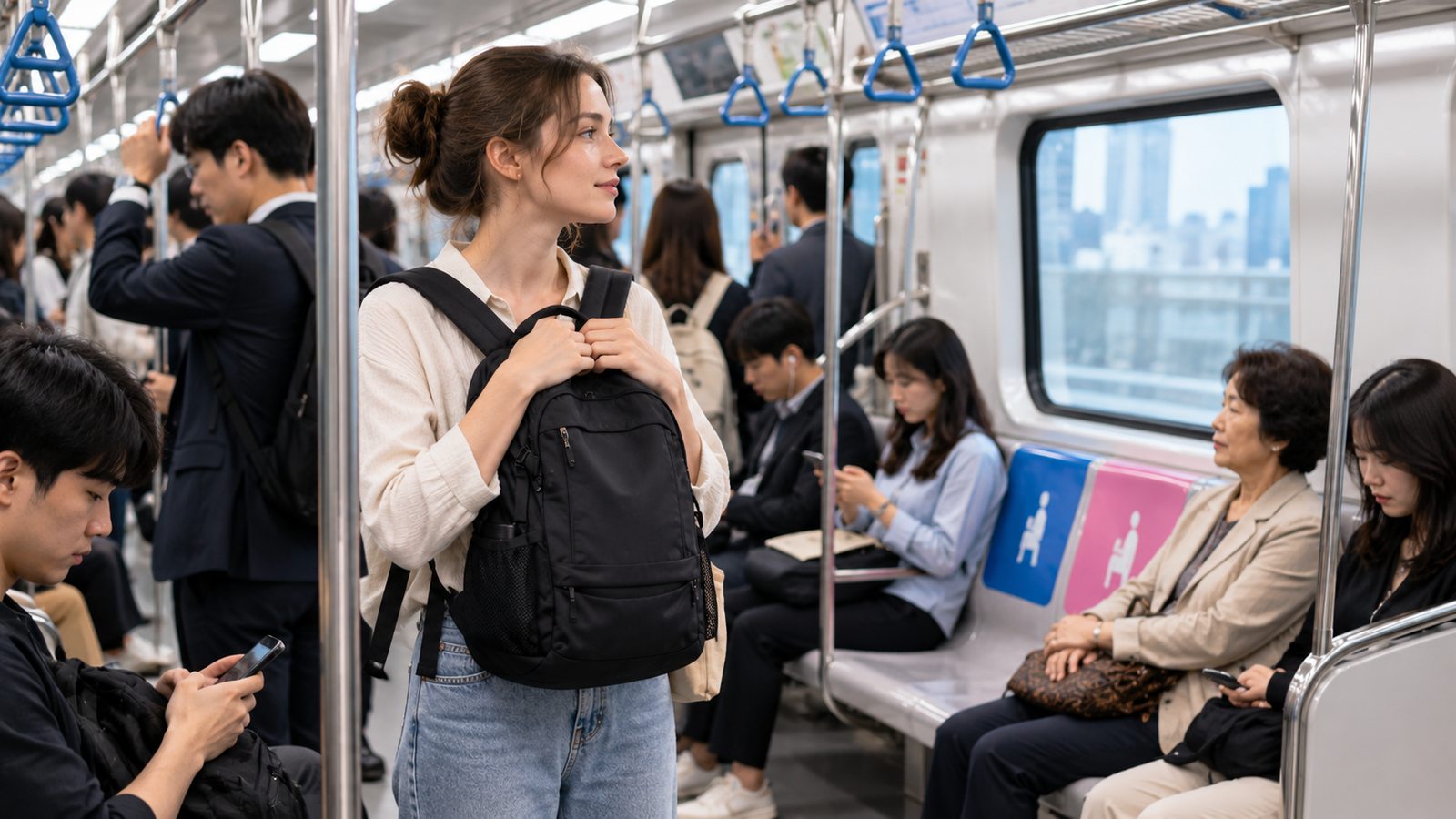 Traveler holding a backpack carefully inside a Seoul subway car