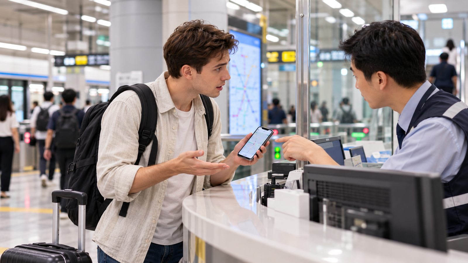 Traveler asking subway staff for help with a lost item in Seoul