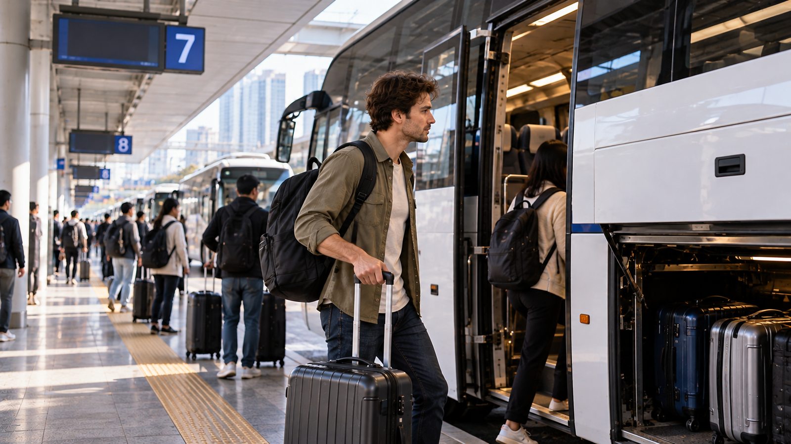Traveler boarding a long-distance express bus for a Seoul to Busan trip