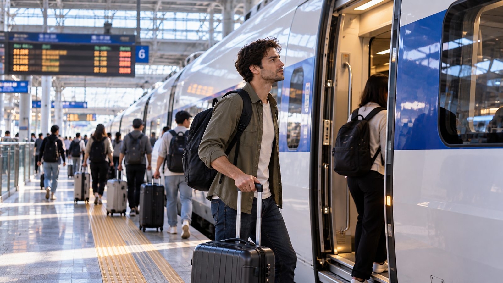 International traveler preparing to take a high-speed train from Seoul to Busan