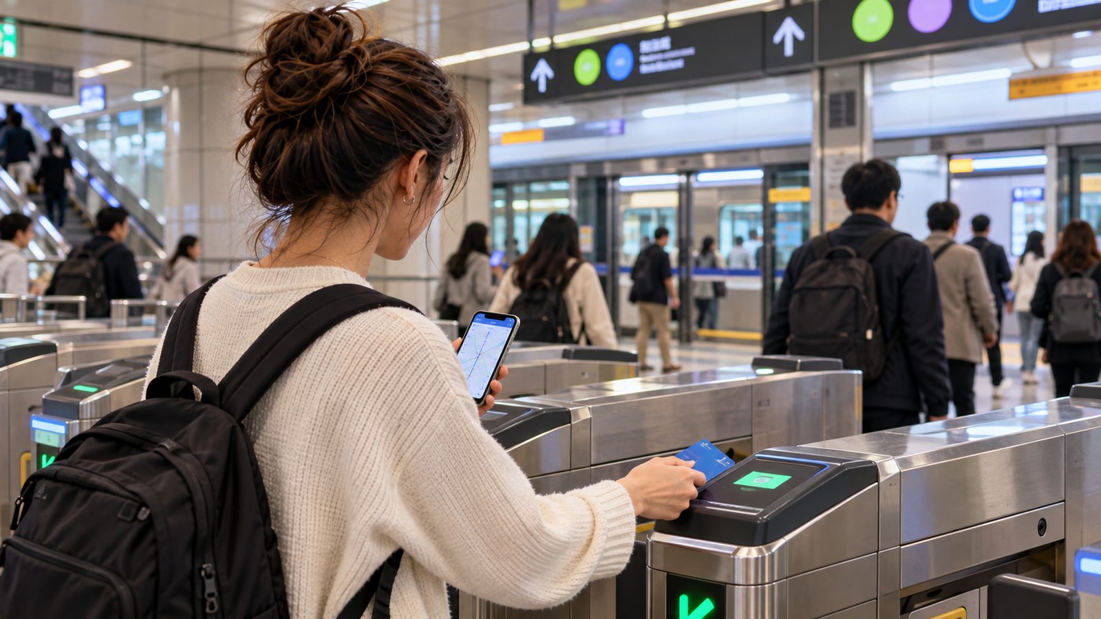 International traveler using public transportation while budgeting a Seoul trip