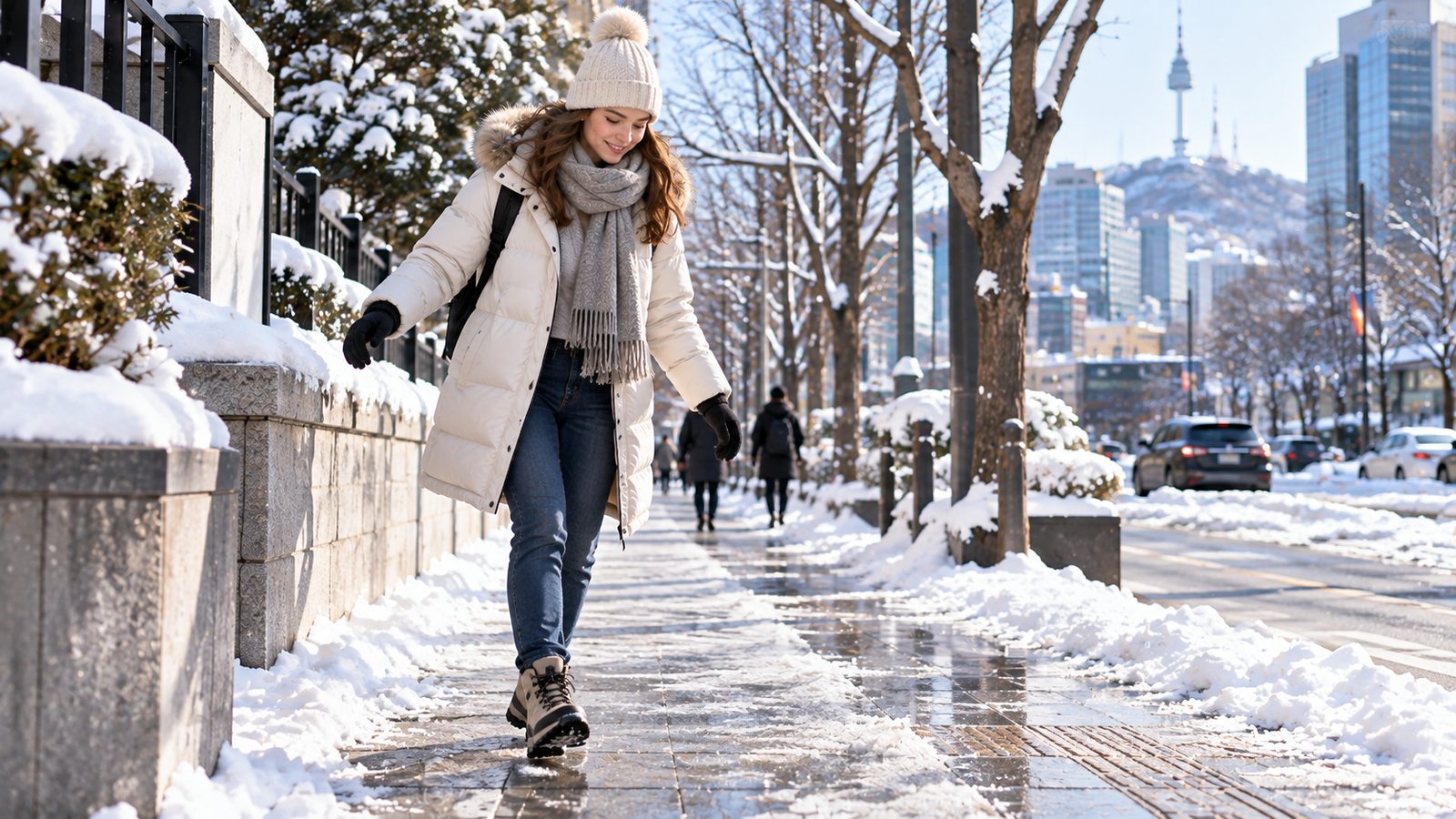 Traveler walking carefully on a snowy Seoul sidewalk in winter