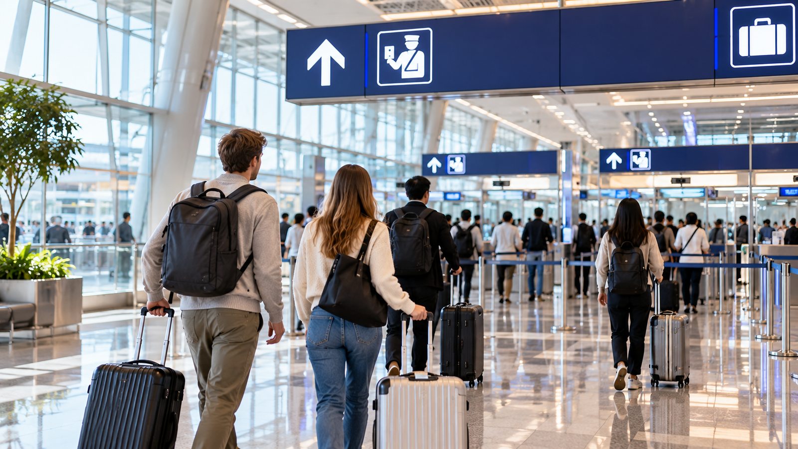 International travelers walking toward immigration after arriving in South Korea