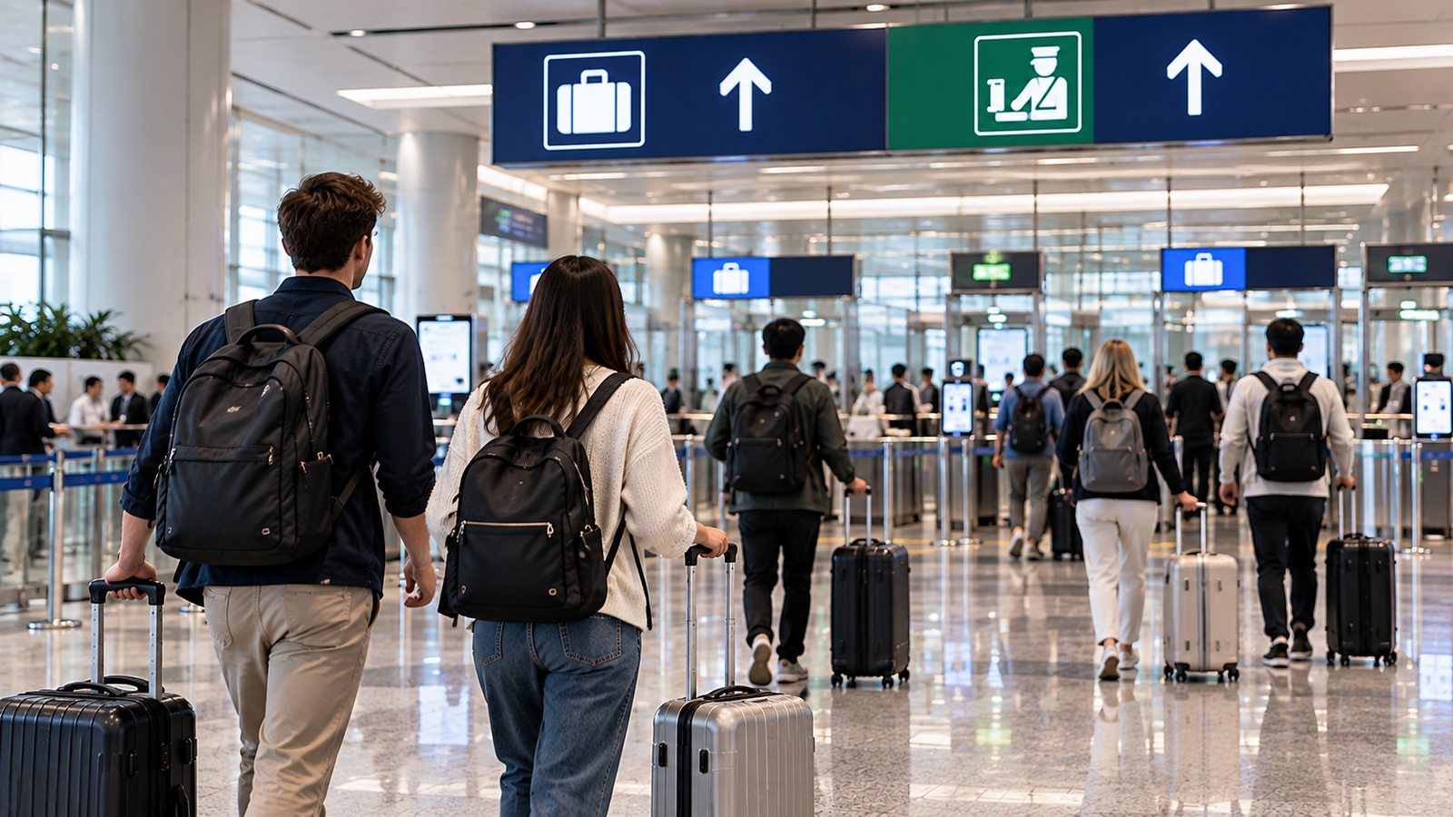 International travelers walking with luggage toward customs after arriving in South Korea