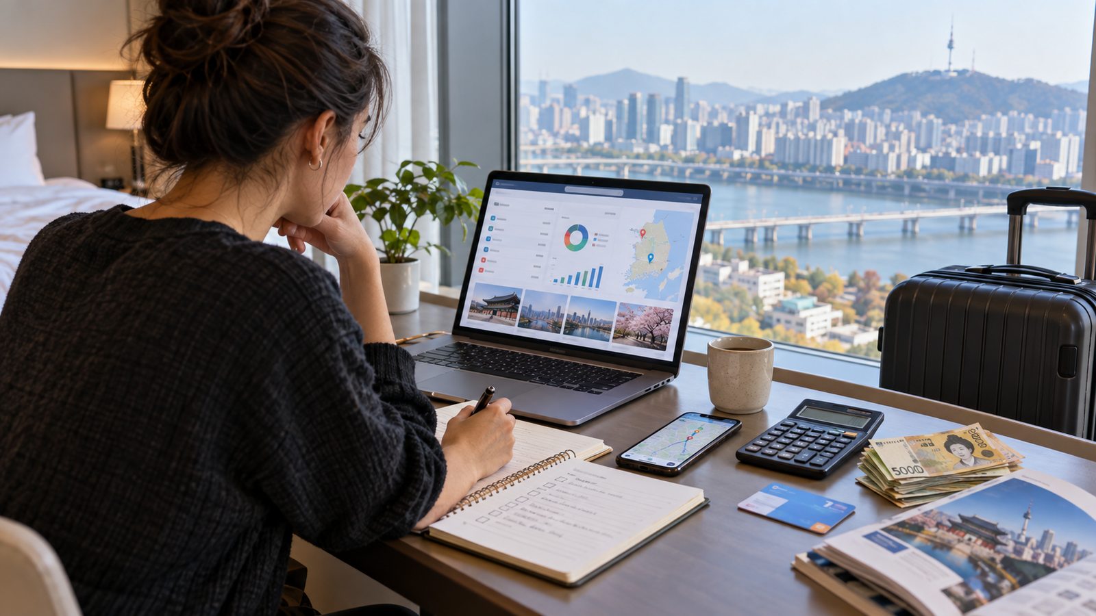 Traveler planning a South Korea trip budget at a hotel desk in Seoul