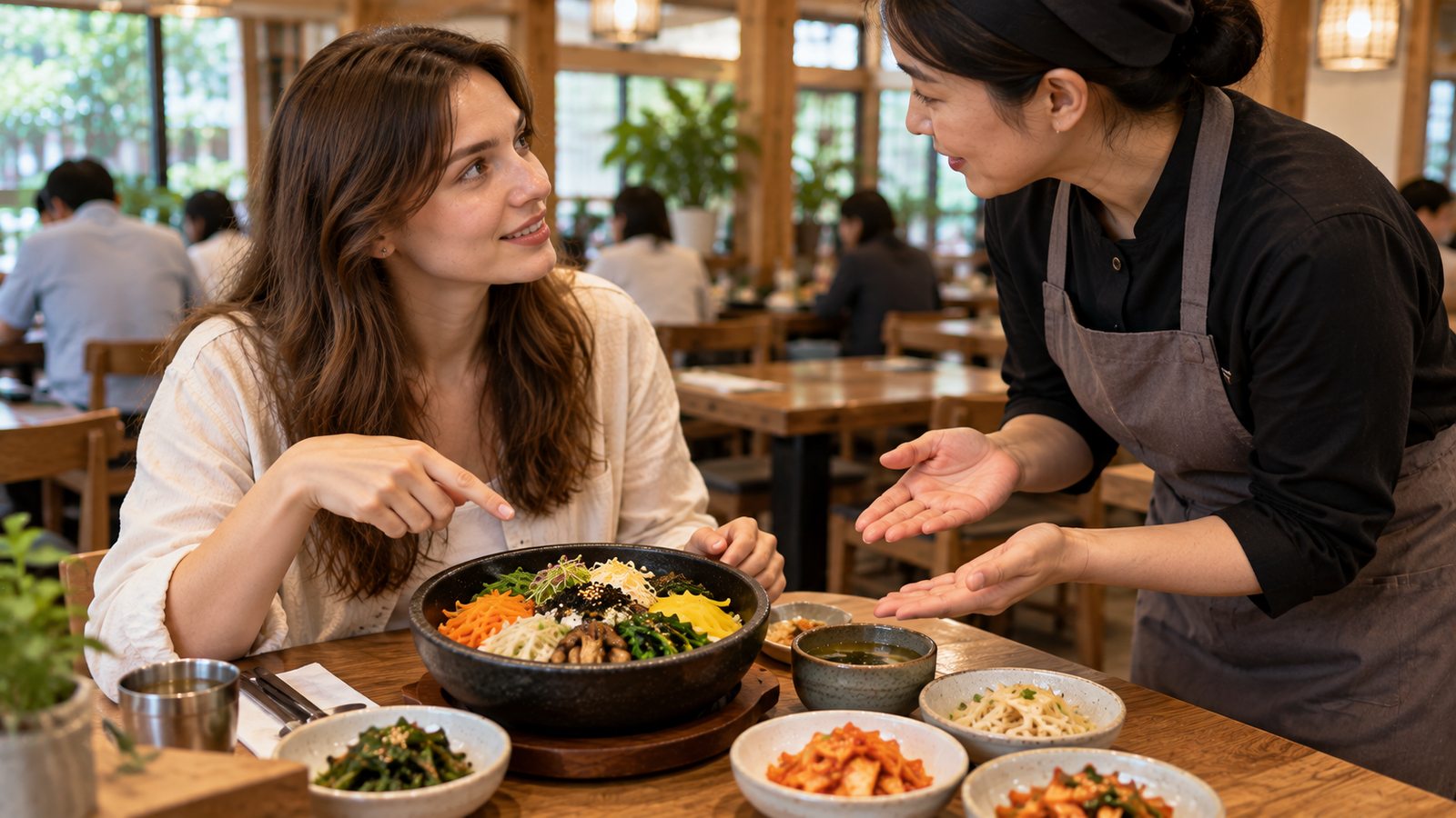 Vegetarian-style bibimbap with vegetables and rice at a Korean restaurant