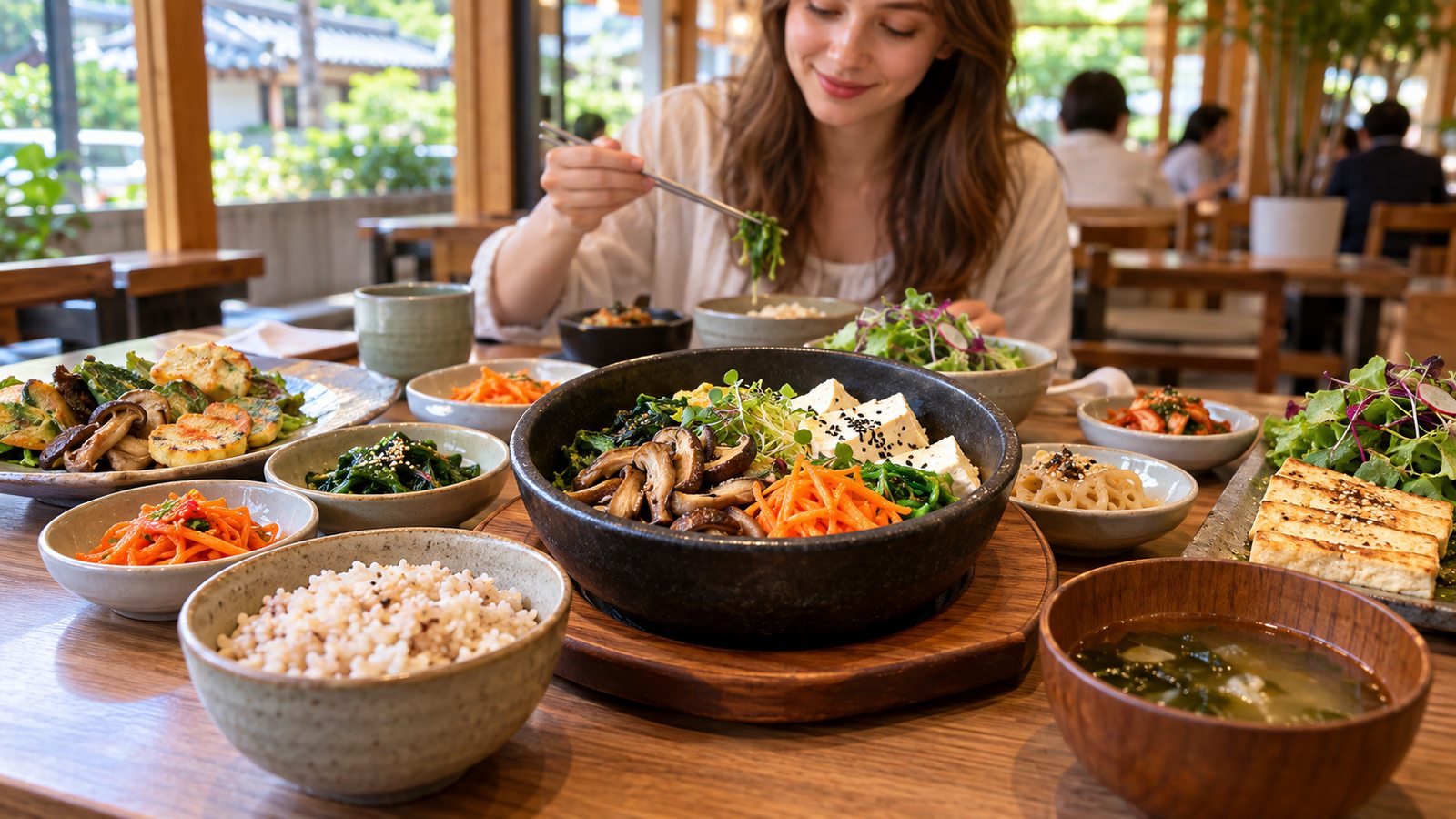 Korean vegetarian meal with rice, tofu and vegetable side dishes for travelers in South Korea