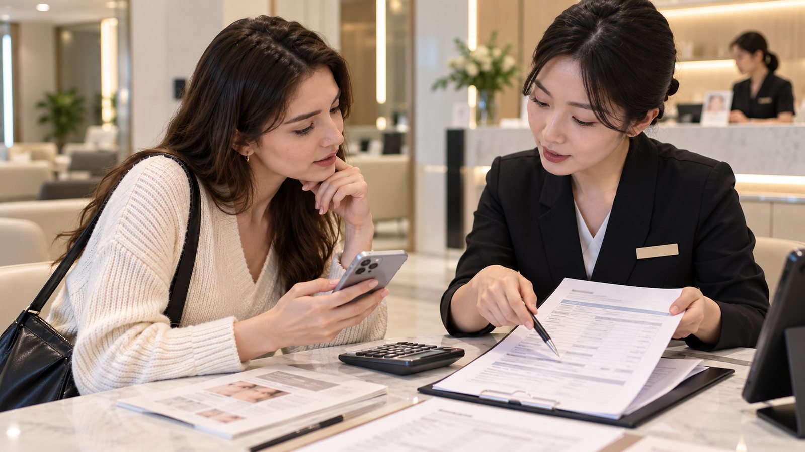 Traveler verifying a VAT refund claim before paying for cosmetic treatment in Korea