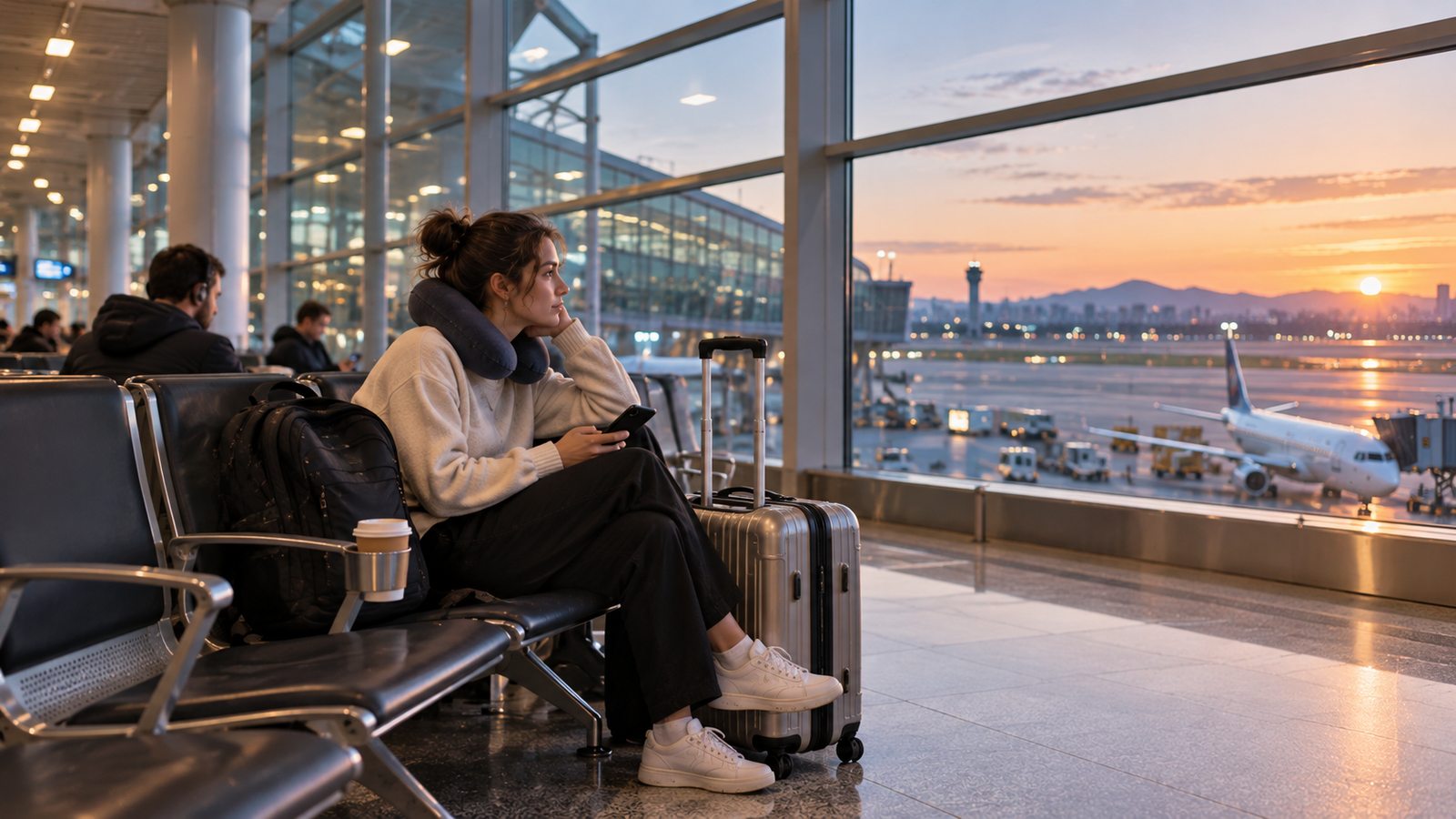 Traveler waiting inside Incheon Airport before morning transportation begins