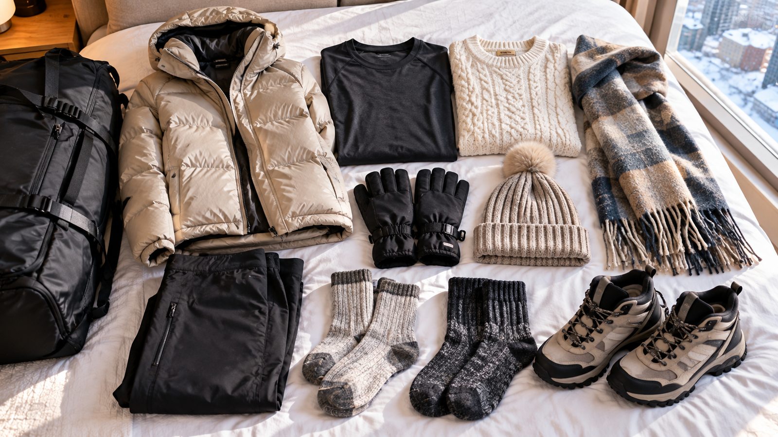Winter coat, layers, gloves, scarf and walking shoes prepared for a Korea trip