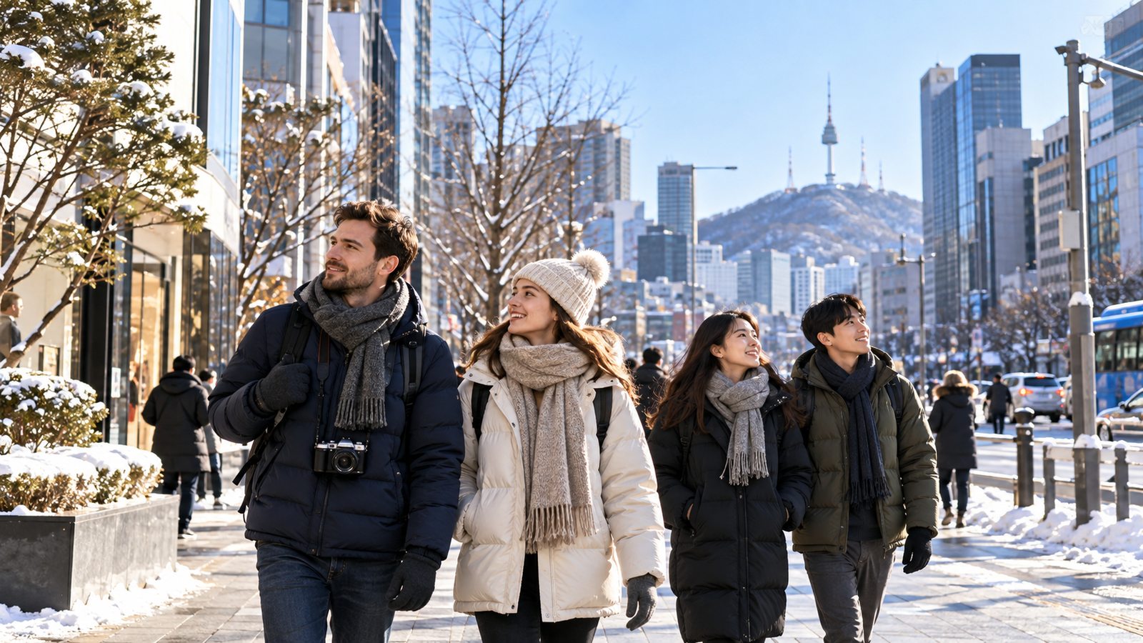 International travelers walking through Seoul on a cold winter day