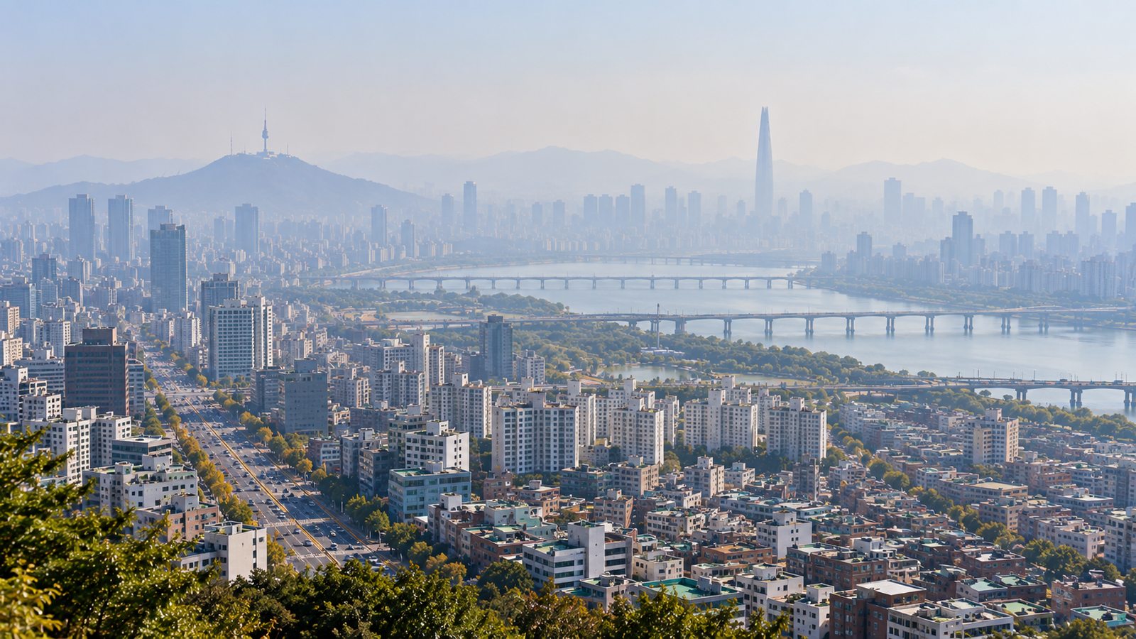 Seoul skyline during light yellow dust and hazy atmospheric conditions