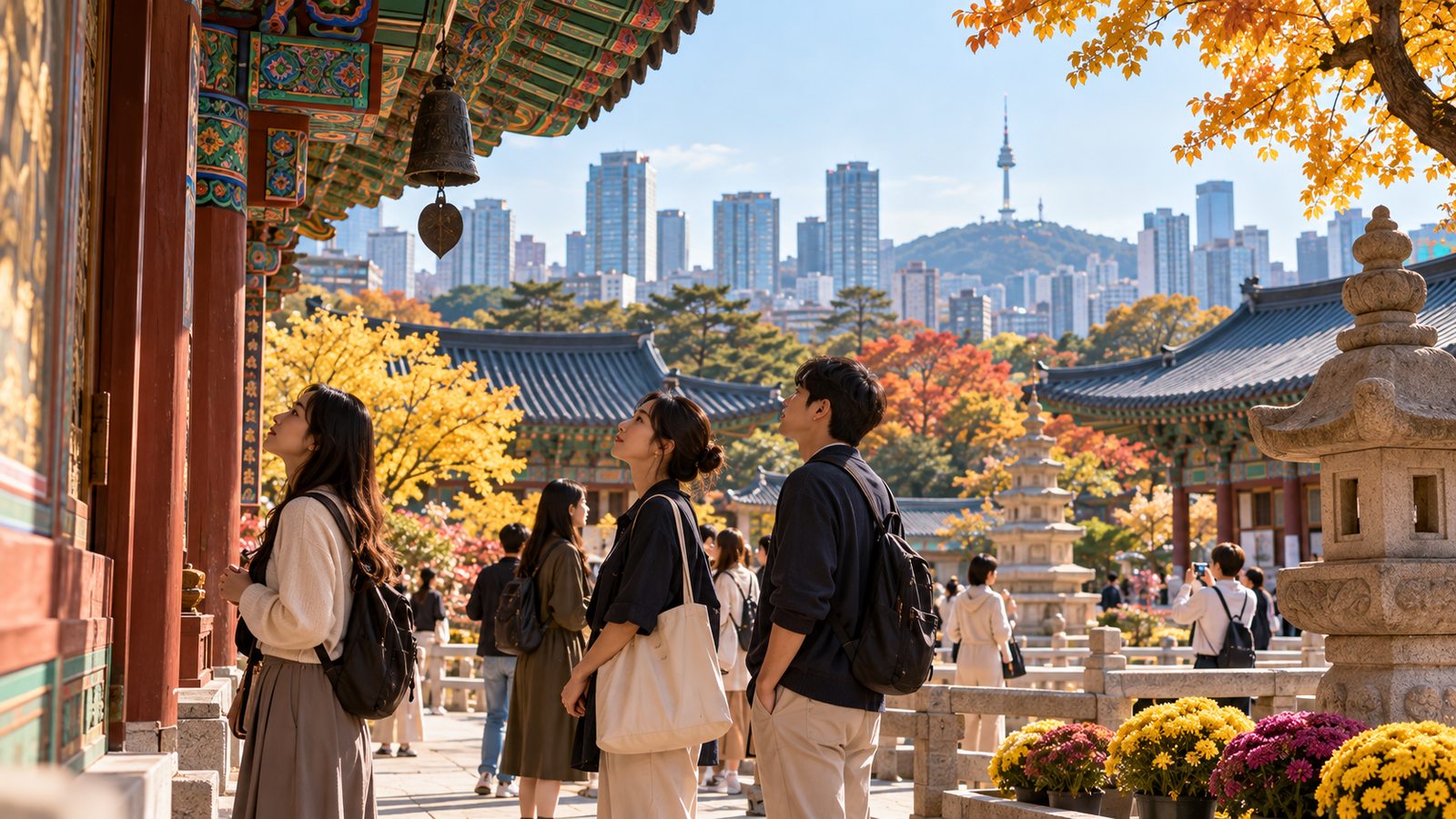 Young adults visiting a Buddhist temple in Seoul amid Korea's renewed interest in Buddhist culture